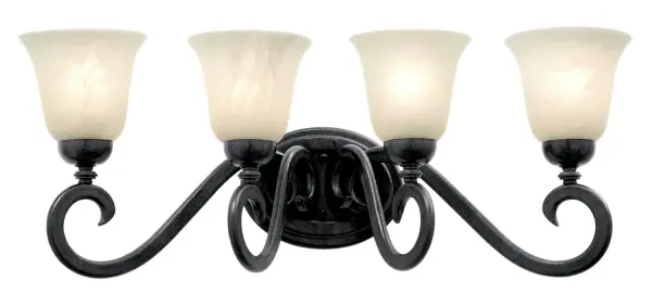 The Santa Barbara Collection was inspired by Colonial Mexico`s Mission Churches and Cathedrals. The long history of hand-crafted wrought iron, shared by both Mexico and Kalco, come together to create a series of lighting pieces that are made versatile by Kalco`s extensive selection of exclusive, hand-crafted shades. Collection: Santa Barbara Rooms: Bathroom, Powder Room, Spa, Locker Room Finish: Tortoise Shell Glass: White Alabaster Standard Glass Notes: Must Specify Glass When Ordering, Note: 1289, 1305, 1365, 1404, 1516, 1519, Ns04, Ns09, Ns14, Ns19, Ps04, Ps5201 Will Not Fit Width: 26.50" Height: 11.50" Weight: 10.00 lb Extension from Wall: 9.50" Wire: 6`` Mounting Height: 6.25" Canopy: 8``x6`` Number of Bulbs: 4 Maximum Wattage: 60.00 W Bulb Base: E26 Medium Dimmable Voltage: 120.00 V Material: Hand Forged Wrought Iron Country of Origin: Phillipines Safety Listing: cETL Safety Rating: Dry