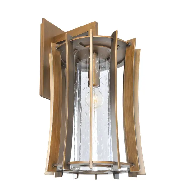 Aluminum Frame, Clear Seeded Glass, Outdoor-Indoor Application Collection: Ronan Rooms: Living Room, Bedroom, Family Room, Dining Room Finish: Modern Bronze Glass: Clear Seeded Width: 12.00" Height: 23.00" Weight: 16.00 lb Extension from Wall: 13.50" Wire: 6" Mounting Height: 6.00" Canopy: 5"x12"x1" Number of Bulbs: 1 Maximum Wattage: 100.00 W Bulb Type: Medium Bulb Base: E26 Medium Dimmable Voltage: 120.00 V Material: Aluminum , Glass Country of Origin: China Safety Listing: cETL Safety Rating: Wet