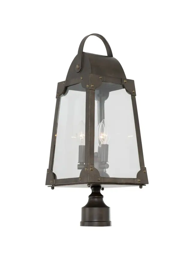 This outdoor collection has a classic style with the yolk handle and rivet details. It is all Aluminum Construction and is supplied with clear glass and an Aged Bronze Finish. Collection: Arlington Rooms: Outdoor, Garage, Patio, Retaining Walls Finish: Aged Bronze Width: 9.00" Height: 24.00" Weight: 10.00 lb Number of Bulbs: 3 Maximum Wattage: 60.00 W Bulb Type: Candelabra Bulb Base: E12 Candelabra Dimmable Voltage: 120.00 V Material: Aluminum , Glass Country of Origin: Phillipines Safety Listing: cETL Safety Rating: Wet