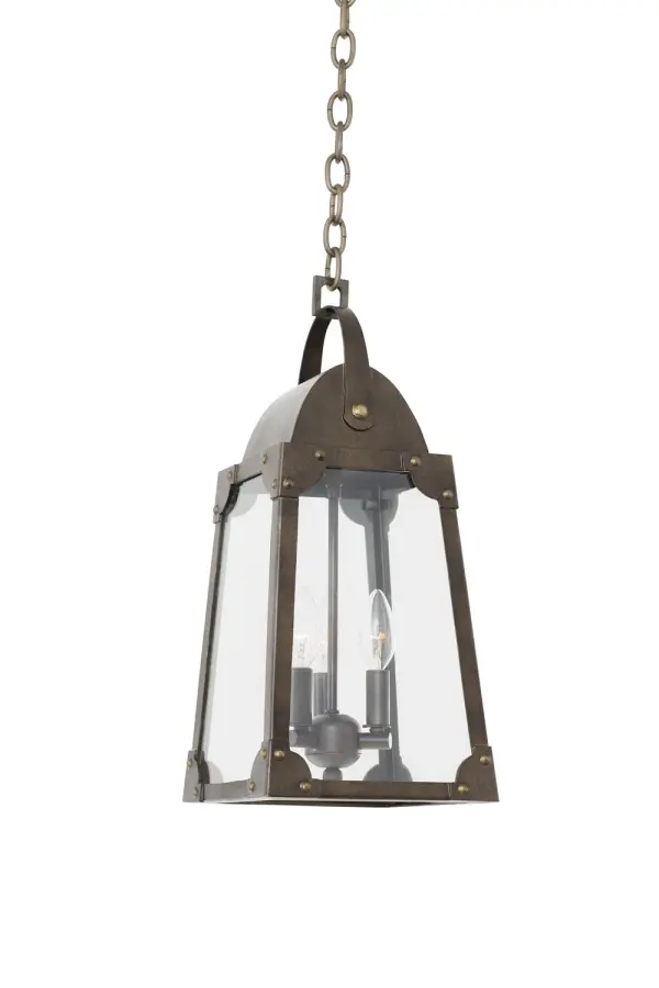 This outdoor collection has a classic style with the yolk handle and rivet details. It is all Aluminum Construction and is supplied with clear glass and an Aged Bronze Finish. Collection: Arlington Rooms: Outdoor, Garage, Patio, Retaining Walls Finish: Aged Bronze Width: 9.00" Height: 20.00" Length: 9.00" Weight: 9.00 lb Wire: 72`` Number of Bulbs: 3 Maximum Wattage: 60.00 W Bulb Base: E12 Candelabra Dimmable Voltage: 120.00 V Material: Aluminum , Glass Country of Origin: Phillipines Safety Listing: cETL Safety Rating: Wet