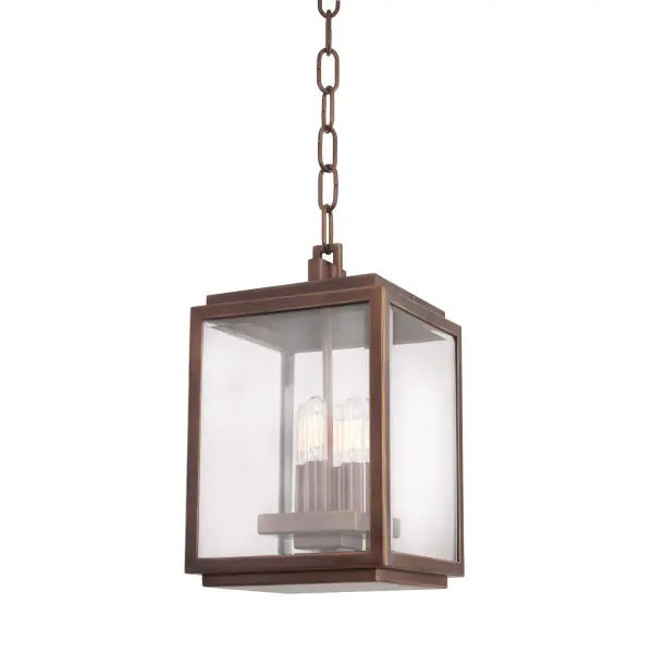 The clean lines of the Chester outdoor series will be the welcome for any styles home. Constructed of Aluminum and featuring Beveled Glass Panels and finished in Copper Patina. Collection: Chester Outdoor Rooms: Kitchen, Dining, Great Room, Foyer Finish: Copper Patina Width: 8.00" Height: 14.00" Length: 8.00" Weight: 11.00 lb Chain: 48" Wire: 96" Canopy: 5"x0.75" Number of Bulbs: 4 Maximum Wattage: 60.00 W Bulb Base: E12 Candelabra Dimmable Voltage: 120.00 V Material: Aluminum , Glass Country of Origin: Phillipines Safety Listing: cETL Safety Rating: Wet