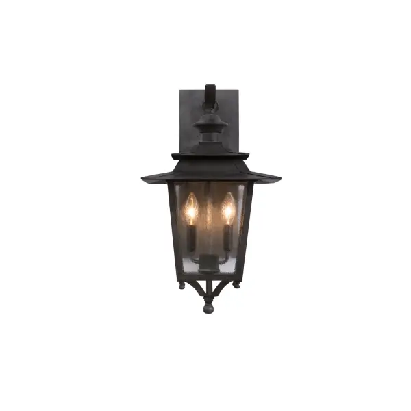 The Saddlebrook Outdoor Collection offers Traditional Design with Clear Cloud Glass. Heavy Gauge Aluminum construction in an Aged Iron finish. Collection: Saddlebrook Outdoor Rooms: Living Room, Bedroom, Family Room, Dining Room Finish: Aged Iron Width: 12.00" Height: 21.00" Weight: 9.00 lb Extension from Wall: 13.00" Wire: 12`` Mounting Height: 8.00" Canopy: 5.5``x1`` Number of Bulbs: 2 Maximum Wattage: 60.00 W Bulb Type: Candelabra Bulb Base: E12 Candelabra Dimmable Voltage: 120.00 V Material: Aluminum , Glass Country of Origin: Phillipines Safety Listing: cETL Safety Rating: Wet