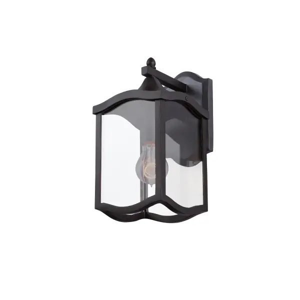 Transitional Design with a Clear Glass, Heavy Gauge Aluminum construction in an Aged Iron finish. Collection: Lakewood Outdoor Rooms: Living Room, Bedroom, Family Room, Dining Room Finish: Aged Iron Width: 7.00" Height: 13.00" Weight: 5.00 lb Extension from Wall: 9.00" Wire: 12" Mounting Height: 4.00" Canopy: 4.75"x1"x8" Number of Bulbs: 1 Maximum Wattage: 60.00 W Bulb Type: Medium Bulb Base: E26 Medium Dimmable Voltage: 120.00 V Material: Aluminum , Glass Country of Origin: Phillipines Safety Listing: cETL Safety Rating: Wet