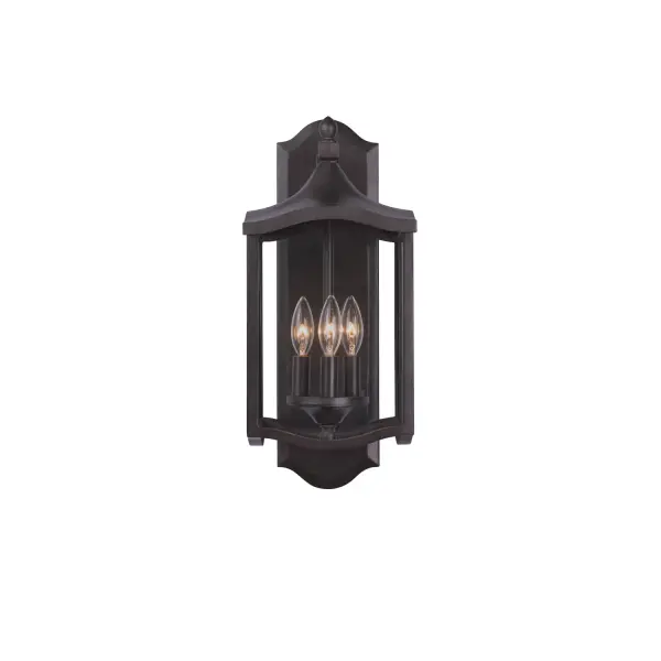 Transitional Design with a Clear Glass, Heavy Gauge Aluminum construction in an Aged Iron finish. Collection: Lakewood Outdoor Rooms: Living Room, Bedroom, Family Room, Dining Room Finish: Aged Iron Width: 9.00" Height: 20.00" Weight: 7.00 lb Extension from Wall: 11.00" Wire: 12" Mounting Height: 6.00" Canopy: 5.5"x1"x20" Number of Bulbs: 3 Maximum Wattage: 60.00 W Bulb Type: Candelabra Bulb Base: E12 Candelabra Dimmable Voltage: 120.00 V Material: Aluminum , Glass Country of Origin: Phillipines Safety Listing: cETL Safety Rating: Wet