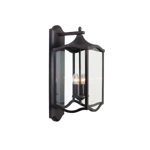 Transitional Design with a Clear Glass, Heavy Gauge Aluminum construction in an Aged Iron finish. Collection: Lakewood Outdoor Rooms: Living Room, Bedroom, Family Room, Dining Room Finish: Aged Iron Width: 11.00" Height: 28.00" Weight: 21.00 lb Extension from Wall: 13.00" Wire: 12" Mounting Height: 12.00" Canopy: 6.75"x1"x28" Number of Bulbs: 4 Maximum Wattage: 60.00 W Bulb Type: Candelabra Bulb Base: E12 Candelabra Dimmable Voltage: 120.00 V Material: Aluminum , Glass Country of Origin: Phillipines Safety Listing: cETL Safety Rating: Wet