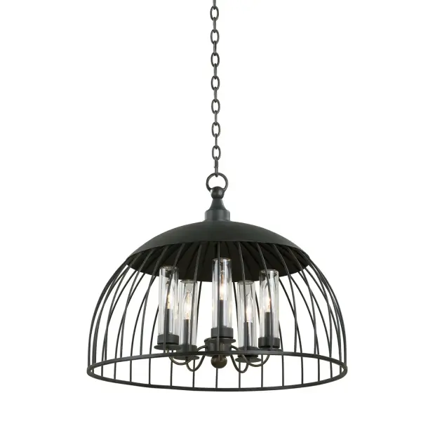 This Indoor/Outdoor collection features vintage inspired open cage design with clear threaded glass covers for protection from the elements in a simple Natural Iron finish. Collection: Ludlow Rooms: Outdoor, Exterior, Foyer, Porch Finish: Natural Iron Glass: Threaded Clear Cylinder Width: 24.00" Height: 19.00" Weight: 12.00 lb Chain: 48" Wire: 96`` Mounting Height: 24.00" Canopy: 5"x1"x5" Number of Bulbs: 5 Maximum Wattage: 40.00 W Bulb Type: E12 Bulb Base: E12 Candelabra CRI: 100 Dimmable Voltage: 120.00 V Material: Aluminum , Stainless Steel Country of Origin: Philippines Safety Listing: cETL Safety Rating: Damp