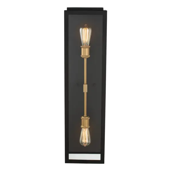 Kalco's Ashland Wall Sconce collection combines 1-light, 2-light and 3-light long-stemmed industrial-style fixtures with a stainless steel cage to offer a unique take on outdoor lighting. Mixed materials of matte black with sanded gold add another dimension to this contemporary yet causal exterior light. Collection: Ashland Rooms: Façade, Entry, Portico, Garage Finish: Matte Black w Sanded Gold Width: 8.00" Height: 31.00" Length: 6.00" Weight: 1.00 lb Extension from Wall: 6.00" Wire: 7" Mounting Height: 16.00" Canopy: 8"x31"x1" Number of Bulbs: 2 Maximum Wattage: 40.00 W Bulb Type: E26 Bulb Base: Medium Dimmable Voltage: 120.00 V Material: Stainless Steel Country of Origin: China Safety Listing: cETL Safety Rating: Damp