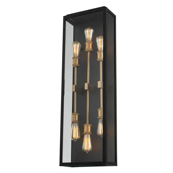 Kalco's Ashland Wall Sconce collection combines 1-light, 2-light and 3-light long-stemmed industrial-style fixtures with a stainless steel cage to offer a unique take on outdoor lighting. Mixed materials of matte black with sanded gold add another dimension to this contemporary yet causal exterior light. Collection: Ashland Rooms: Façade, Entry, Portico, Garage Finish: Matte Black w Sanded Gold Width: 12.00" Height: 38.00" Length: 6.00" Weight: 6.00 lb Extension from Wall: 6.00" Wire: 7" Mounting Height: 19.00" Canopy: 12"x38"x1" Number of Bulbs: 6 Maximum Wattage: 40.00 W Bulb Type: E26 Bulb Base: Medium Dimmable Voltage: 120.00 V Material: Stainless Steel Country of Origin: China Safety Listing: cETL Safety Rating: Dry