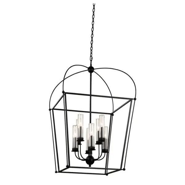 The Sutter Indoor/Outdoor Collection features threaded glass covers for protection from the elements, heavy gauge aluminum construction, stainless steel parts and chains. Collection: Sutter Rooms: Entry, Patio, Porch, Gazebo Finish: Smooth Matte Black Glass: Clear Threaded Cylinder Notes: NEW 2019 Finish - Smooth Matte Black (BM) Width: 24.00" Height: 38.00" Length: 24.00" Weight: 15.00 lb Chain: 96" Wire: 156" Canopy: 6"x1" Number of Bulbs: 8 Maximum Wattage: 40.00 W Bulb Type: Candelabra Bulb Base: E12 Candelabra Dimmable Voltage: 120.00 V Material: Stainless Steel , Aluminum Country of Origin: Philippines Safety Listing: cETL Safety Rating: Wet