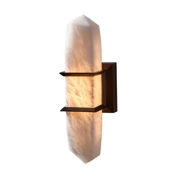 The Jewel outdoor sconce is cut of natural Alabaster stone and held in place like jewelry. Featuring an Old Bronze fluorocarbon finish that will withstand the harshest environments and LED technology. Constructed of Stainless Steel and Brass, this wall sconce is suitable for both indoor and outdoor use. Collection: Jewel Finish: Outdoor Bronze Width: 5.00" Height: 15.00" Weight: 7.00 lb Extension from Wall: 5.00" Wire: 12" Canopy: 5"x1.5"x5" Bulbs Included Maximum Wattage: 8.00 W Bulb Type: LED Light Source: LED Light Output: 560.00 lm Color Temperature: 3000 K CRI: 90 Dimmable Voltage: 120.00 V Material: Stainless Steel and Alabaster Country of Origin: China Safety Listing: cETL Safety Rating: Wet - alternate view