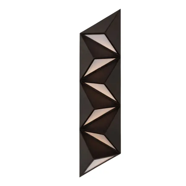 Drawing inspiration from tessellations and geometric patterns, the Delta outdoor wall sconce embodies a sophisticated blend of design and functionality. Constructed from durable aluminum and frosted glass, its angled triangular downlights cast striking highlights and shadows on the adjacent metal surfaces. This piece showcases advanced LED technology and is finished in a warm bronze fluorocarbon coating, ensuring resilience against even the most severe weather conditions. _________________ Collection: DELTA Finish: Bronze Width: 6.00" Height: 24.50" Weight: 5.00 lb Extension from Wall: 5.00" Wire: 8" Canopy: 6"x1.5"x24" Bulbs Included Maximum Wattage: 17.00 W Bulb Type: LED Light Source: LED Light Output: 2040.00 lm Color Temperature: 3000 K CRI: 90 Dimmable Voltage: 120.00 V Material: Aluminum Polycarbonate Country of Origin: Philippines Safety Listing: UL-cUL Safety Rating: WET LED