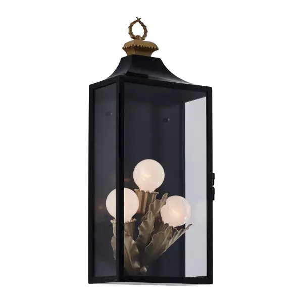 Enhance your outdoor space with the Marge Outdoor Wall Sconce Collection. Featuring botanical and nature-inspired accents, this collection adds a touch of whimsy to any exterior setting. Crafted from stainless steel and finished with a Matte Black (MB) fluorocarbon coating, these sconces are designed to withstand harsh environments while retaining their elegant look. The classic outdoor lantern frame offers a timeless appeal, while the modern twists in design create a feeling of calm and natural beauty. The hinged front door allows easy access to bulbs, making maintenance a breeze. Illuminate your home with style and sophistication with Marge. Collection: Marge Finish: Matte Black Width: 11.00" Height: 27.00" Weight: 26.50 lb Extension from Wall: 6.00" Wire: 7" Canopy: 11"x6"x20" Number of Bulbs: 3 Maximum Wattage: 40.00 W Bulb Type: E26 Bulb Base: E26 Medium Dimmable Voltage: 120.00 V Material: Stainless Steel Brass Glass Country of Origin: China Safety Listing: ETL-CETL Safety Rating: Wet - alternate view