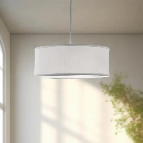 The Gregory pendant combines contemporary style with warm ambiance through its textured linen drum shade and acrylic diffuser. The brushed nickel accents add sophistication while the 20-inch diameter provides substantial presence. - alternate view