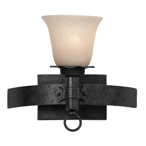 The Collection draws inspiration from the lodges of the Northern United States. Featuring a variety of Manufacturer`s exclusive finishes and shades, these simple, rustic metals combine with pioneer details like lantern rings to create charmingly rustic pieces. Collection: Americana Rooms: Bathroom, Powder Room, Spa, Locker Room Finish: Black Glass: White Alabaster Standard Glass Notes: Must Specify Glass Or Shade When Ordering Width: 13.00" Height: 11.00" Weight: 6.00 lb Extension from Wall: 8.00" Wire: 6`` Mounting Height: 7.00" Canopy: 7``x4.38`` Number of Bulbs: 1 Maximum Wattage: 60.00 W Bulb Type: E26 Bulb Base: E26 Medium Dimmable Voltage: 120.00 V Material: Hand Forged Wrought Iron Country of Origin: Phillipines Safety Listing: Dry Safety Rating: cETL