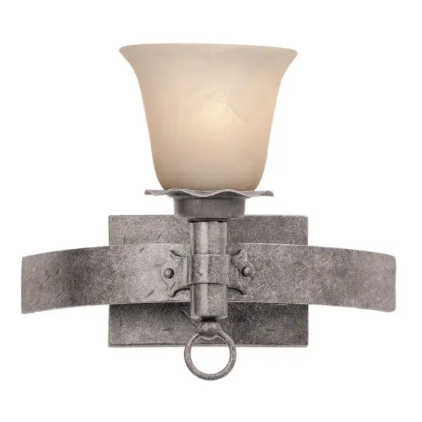 The Collection draws inspiration from the lodges of the Northern United States. Featuring a variety of Manufacturer`s exclusive finishes and shades, these simple, rustic metals combine with pioneer details like lantern rings to create charmingly rustic pieces. Collection: Americana Rooms: Bathroom, Powder Room, Spa, Locker Room Finish: Country Iron Glass: White Alabaster Standard Glass Notes: Must Specify Glass Or Shade When Ordering Width: 13.00" Height: 11.00" Weight: 6.00 lb Extension from Wall: 8.00" Wire: 6`` Mounting Height: 7.00" Canopy: 7``x4.38`` Number of Bulbs: 1 Maximum Wattage: 60.00 W Bulb Type: E26 Bulb Base: E26 Medium Dimmable Voltage: 120.00 V Material: Hand Forged Wrought Iron Country of Origin: Phillipines Safety Listing: Dry Safety Rating: cETL