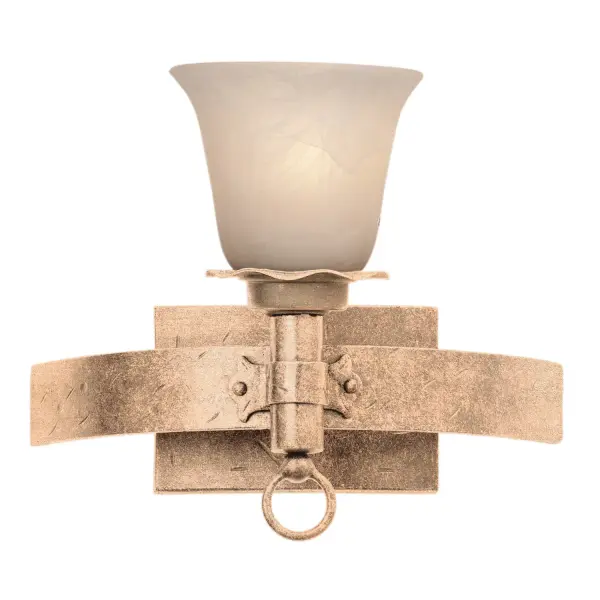 The Collection draws inspiration from the lodges of the Northern United States. Featuring a variety of Manufacturer`s exclusive finishes and shades, these simple, rustic metals combine with pioneer details like lantern rings to create charmingly rustic pieces. Collection: Americana Rooms: Bathroom, Powder Room, Spa, Locker Room Finish: Modern Gold Glass: White Alabaster Standard Glass Notes: Must Specify Glass Or Shade When Ordering Width: 13.00" Height: 11.00" Weight: 6.00 lb Extension from Wall: 8.00" Wire: 6`` Mounting Height: 7.00" Canopy: 7``x4.38`` Number of Bulbs: 1 Maximum Wattage: 60.00 W Bulb Type: E26 Bulb Base: E26 Medium Dimmable Voltage: 120.00 V Material: Hand Forged Wrought Iron Country of Origin: Phillipines Safety Listing: Dry Safety Rating: cETL