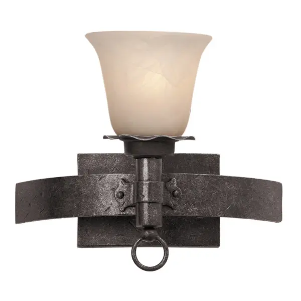 The Collection draws inspiration from the lodges of the Northern United States. Featuring a variety of Manufacturer`s exclusive finishes and shades, these simple, rustic metals combine with pioneer details like lantern rings to create charmingly rustic pieces. Collection: Americana Rooms: Bathroom, Powder Room, Spa, Locker Room Finish: Tortoise Shell Glass: White Alabaster Standard Glass Notes: Must Specify Glass Or Shade When Ordering Width: 13.00" Height: 11.00" Weight: 6.00 lb Extension from Wall: 8.00" Wire: 6`` Mounting Height: 7.00" Canopy: 7``x4.38`` Number of Bulbs: 1 Maximum Wattage: 60.00 W Bulb Type: E26 Bulb Base: E26 Medium Dimmable Voltage: 120.00 V Material: Hand Forged Wrought Iron Country of Origin: Phillipines Safety Listing: Dry Safety Rating: cETL