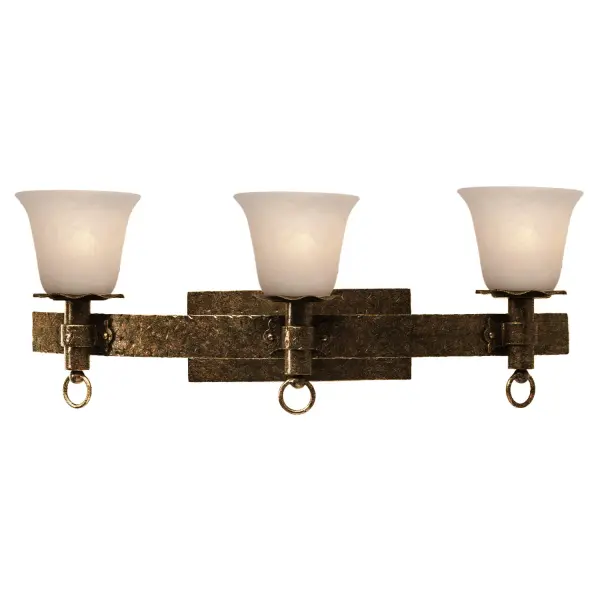 The Collection draws inspiration from the lodges of the Northern United States. Featuring a variety of Manufacturer`s exclusive finishes and shades, these simple, rustic metals combine with pioneer details like lantern rings to create charmingly rustic pieces. Collection: Americana Rooms: Bathroom, Powder Room, Spa, Locker Room Finish: Antique Copper Glass: White Alabaster Standard Glass Notes: Must Specify Glass Or Shades When Ordering Width: 26.50" Height: 11.00" Weight: 10.00 lb Extension from Wall: 10.50" Wire: 6`` Mounting Height: 7.00" Canopy: 11``x4.5`` Number of Bulbs: 3 Maximum Wattage: 60.00 W Bulb Type: E26 Bulb Base: E26 Medium Dimmable Voltage: 120.00 V Material: Hand Forged Wrought Iron Country of Origin: Phillipines Safety Listing: Dry Safety Rating: cETL