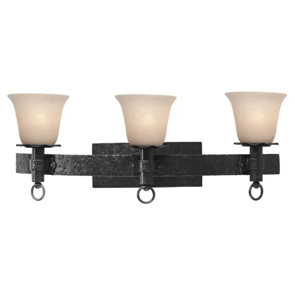 The Collection draws inspiration from the lodges of the Northern United States. Featuring a variety of Manufacturer`s exclusive finishes and shades, these simple, rustic metals combine with pioneer details like lantern rings to create charmingly rustic pieces. Collection: Americana Rooms: Bathroom, Powder Room, Spa, Locker Room Finish: Black Glass: White Alabaster Standard Glass Notes: Must Specify Glass Or Shades When Ordering Width: 26.50" Height: 11.00" Weight: 10.00 lb Extension from Wall: 10.50" Wire: 6`` Mounting Height: 7.00" Canopy: 11``x4.5`` Number of Bulbs: 3 Maximum Wattage: 60.00 W Bulb Type: E26 Bulb Base: E26 Medium Dimmable Voltage: 120.00 V Material: Hand Forged Wrought Iron Country of Origin: Phillipines Safety Listing: Dry Safety Rating: cETL