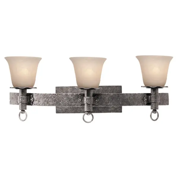 The Collection draws inspiration from the lodges of the Northern United States. Featuring a variety of Manufacturer`s exclusive finishes and shades, these simple, rustic metals combine with pioneer details like lantern rings to create charmingly rustic pieces. Collection: Americana Rooms: Bathroom, Powder Room, Spa, Locker Room Finish: Country Iron Glass: White Alabaster Standard Glass Notes: Must Specify Glass Or Shades When Ordering Width: 26.50" Height: 11.00" Weight: 10.00 lb Extension from Wall: 10.50" Wire: 6`` Mounting Height: 7.00" Canopy: 11``x4.5`` Number of Bulbs: 3 Maximum Wattage: 60.00 W Bulb Type: E26 Bulb Base: E26 Medium Dimmable Voltage: 120.00 V Material: Hand Forged Wrought Iron Country of Origin: Phillipines Safety Listing: Dry Safety Rating: cETL