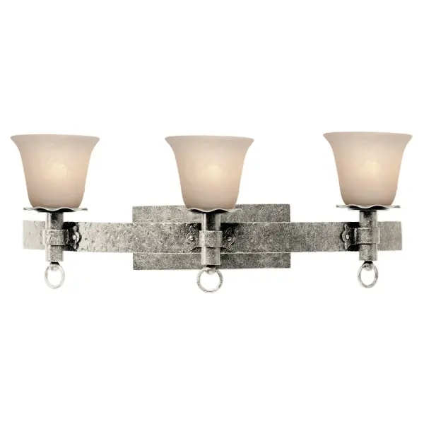 The Collection draws inspiration from the lodges of the Northern United States. Featuring a variety of Manufacturer`s exclusive finishes and shades, these simple, rustic metals combine with pioneer details like lantern rings to create charmingly rustic pieces. Collection: Americana Rooms: Bathroom, Powder Room, Spa, Locker Room Finish: French Cream Glass: White Alabaster Standard Glass Notes: Must Specify Glass Or Shades When Ordering Width: 26.50" Height: 11.00" Weight: 10.00 lb Extension from Wall: 10.50" Wire: 6`` Mounting Height: 7.00" Canopy: 11``x4.5`` Number of Bulbs: 3 Maximum Wattage: 60.00 W Bulb Type: E26 Bulb Base: E26 Medium Dimmable Voltage: 120.00 V Material: Hand Forged Wrought Iron Country of Origin: Phillipines Safety Listing: Dry Safety Rating: cETL