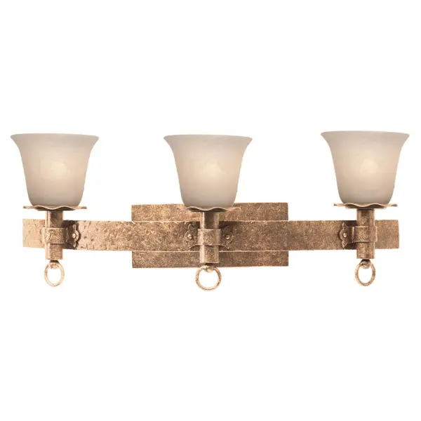 The Collection draws inspiration from the lodges of the Northern United States. Featuring a variety of Manufacturer`s exclusive finishes and shades, these simple, rustic metals combine with pioneer details like lantern rings to create charmingly rustic pieces. Collection: Americana Rooms: Bathroom, Powder Room, Spa, Locker Room Finish: Modern Gold Glass: White Alabaster Standard Glass Notes: Must Specify Glass Or Shades When Ordering Width: 26.50" Height: 11.00" Weight: 10.00 lb Extension from Wall: 10.50" Wire: 6`` Mounting Height: 7.00" Canopy: 11``x4.5`` Number of Bulbs: 3 Maximum Wattage: 60.00 W Bulb Type: E26 Bulb Base: E26 Medium Dimmable Voltage: 120.00 V Material: Hand Forged Wrought Iron Country of Origin: Phillipines Safety Listing: Dry Safety Rating: cETL