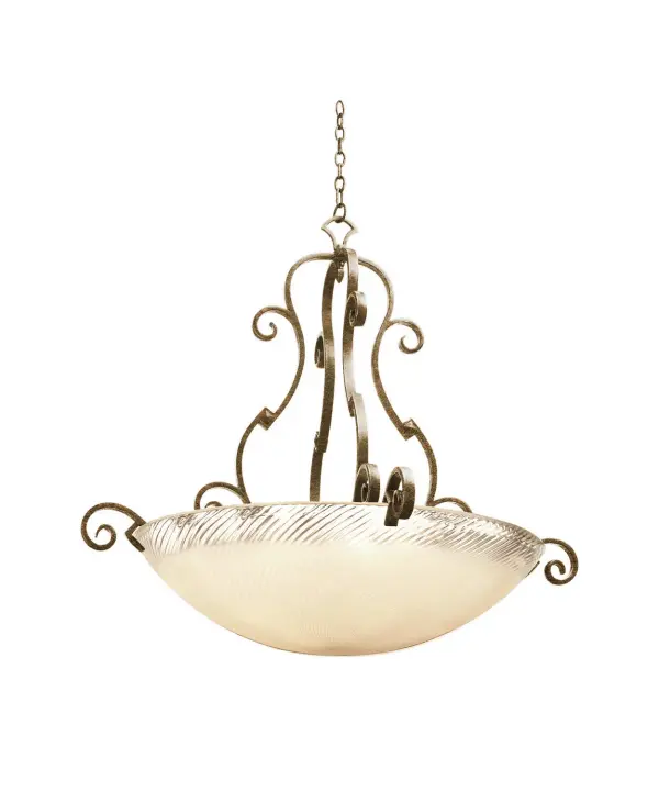 The shape of the Ibiza Collection was inspired by the points and curves of the island coastline. Combining these elements with traditional Spanish lighting design and any of Kalco`s many exclusive shade options makes for a unique addition to any space. Collection: Ibiza Rooms: Foyer, Dining Room, Living Room, Great Room Finish: Antique Copper Glass: Antique Filigree Standard Glass Bowl Notes: Must Specify Glass When Ordering Width: 45.00" Height: 41.00" Weight: 62.00 lb Chain: 96`` Wire: 120`` Canopy: 5``x1`` Number of Bulbs: 6 Maximum Wattage: 60.00 W Bulb Type: E26 Bulb Base: E26 Medium Dimmable Voltage: 120.00 V Material: Hand Forged Wrought Iron Country of Origin: Phillipines Safety Listing: cETL Safety Rating: Dry