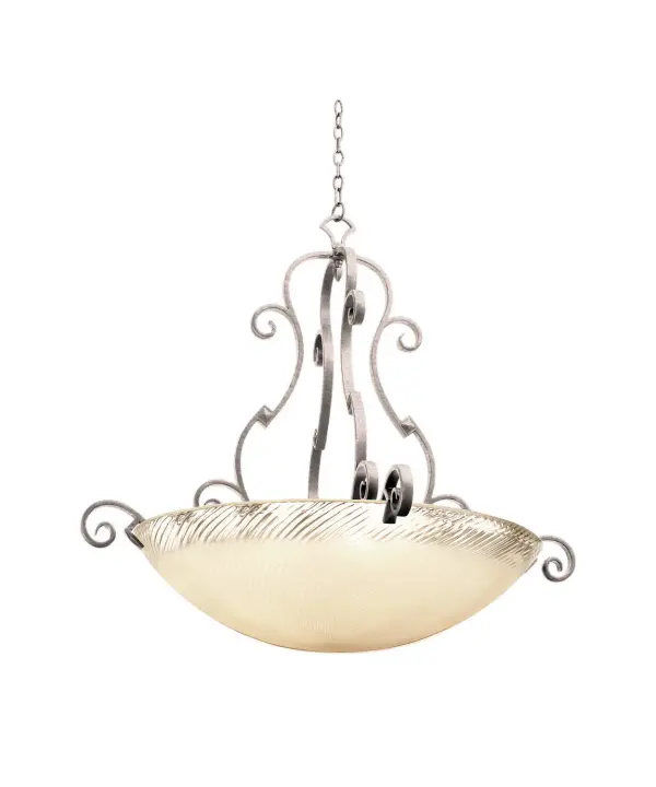 The shape of the Ibiza Collection was inspired by the points and curves of the island coastline. Combining these elements with traditional Spanish lighting design and any of Kalco`s many exclusive shade options makes for a unique addition to any space. Collection: Ibiza Rooms: Foyer, Dining Room, Living Room, Great Room Finish: Pearl Silver Glass: Antique Filigree Standard Glass Bowl Notes: Must Specify Glass When Ordering Width: 45.00" Height: 41.00" Weight: 62.00 lb Chain: 96`` Wire: 120`` Canopy: 5``x1`` Number of Bulbs: 6 Maximum Wattage: 60.00 W Bulb Type: E26 Bulb Base: E26 Medium Dimmable Voltage: 120.00 V Material: Hand Forged Wrought Iron Country of Origin: Phillipines Safety Listing: cETL Safety Rating: Dry
