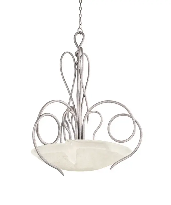 The Tribecca Collection was inspired by the Art Nouveau style that dominated the TriBeCa area of NYC at the time of it`s initial conversion from industrial to residential. The array of curves that combine the industrial and the artistic are enhanced by Kalco`s exclusive warm finishes. The hand-crafted glass shades are delicately folded and seem to hang precariously from organically shaped stems to generate pieces that are all at once vintage and modern. Collection: Tribecca Rooms: Entryway, Kitchen, Dining Room, Den Finish: Pearl Silver Glass: 21`` Frost Glass Notes: Must Specify Glass When Ordering Width: 23.00" Height: 26.00" Weight: 21.00 lb Chain: 48`` Wire: 96`` Canopy: 5``x1`` Number of Bulbs: 3 Maximum Wattage: 60.00 W Bulb Type: E26 Bulb Base: E26 Medium Dimmable Voltage: 120.00 V Material: Hand Forged Wrought Iron Country of Origin: Phillipines Safety Listing: cETL Safety Rating: Dry