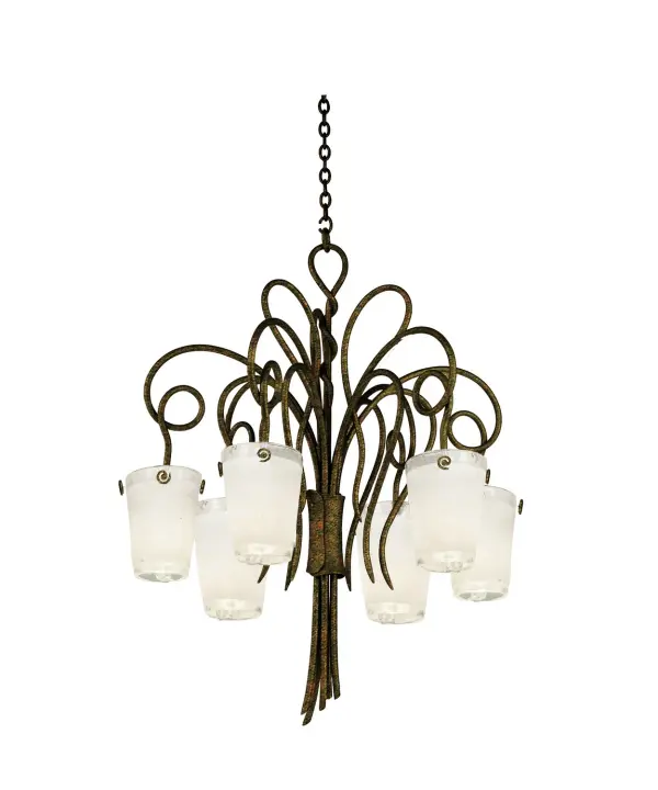 The Tribecca Collection was inspired by the Art Nouveau style that dominated the TriBeCa area of NYC at the time of it`s initial conversion from industrial to residential. The array of curves that combine the industrial and the artistic are enhanced by Kalco`s exclusive warm finishes. The hand-crafted glass shades are delicately folded and seem to hang precariously from organically shaped stems to generate pieces that are all at once vintage and modern. Collection: Tribecca Rooms: Dining Room, Kitchen, Living Room, Entryway Finish: Antique Copper Glass: Tribecca Frost Side Glass Notes: Must Specify Glass When Ordering Width: 32.00" Height: 38.00" Weight: 43.00 lb Chain: 48`` Wire: 96`` Canopy: 5``x1`` Number of Bulbs: 6 Maximum Wattage: 60.00 W Bulb Type: E26 Bulb Base: E26 Medium Dimmable Voltage: 120.00 V Material: Hand Forged Wrought Iron Country of Origin: Phillipines Safety Listing: cETL Safety Rating: Dry