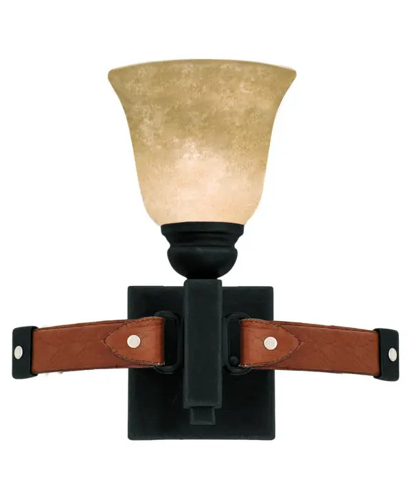 The Rodeo Drive collection was inspired by the history of the famous Rodeo Drive in Los Angeles. At one time a Mexican Ranch, it is now where the highest of high-end shopping thrives. The simple shapes, available in three of Kalco`s exclusive finishes, are brought to life by our natural, hand-crafted shades. With leather straps as accents and suspensions, these pieces are rustically modern. Collection: Rodeo Drive Rooms: Bathroom, Vanity, Spa, Powder Room Finish: Black Glass: Ecru Standard Glass Width: 13.00" Height: 11.00" Weight: 3.50 lb Extension from Wall: 9.00" Wire: 6`` Mounting Height: 8.75" Canopy: 5``x7`` Number of Bulbs: 1 Maximum Wattage: 60.00 W Bulb Type: E26 Bulb Base: E26 Medium Dimmable Voltage: 120.00 V Material: Hand Forged Wrought Iron Country of Origin: Phillipines Safety Listing: cETL Safety Rating: Dry