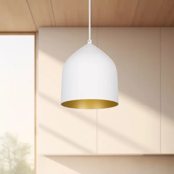The Helena pendant combines contemporary design with practical LED lighting in a compact 8-inch format. Its contrasting white exterior and silver interior finish creates visual interest while the spun aluminum construction ensures durability. - alternate view