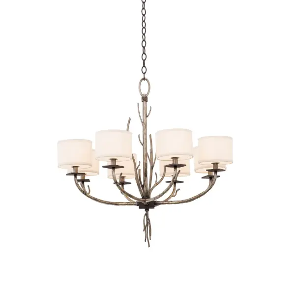 Organic Shapes in Hand Forged Wrought Iron construction. Bronze Jewel Tone with Fabric Shades and Diffuser included. Collection: Denali Rooms: Dining Room, Bedroom, Kitchen, Foyer Finish: Bronze Jewel Tone Width: 32.00" Height: 30.00" Weight: 32.00 lb Chain: 96" Wire: 72" Number of Bulbs: 8 Maximum Wattage: 40.00 W Bulb Base: E12 Candelabra Dimmable Voltage: 120.00 V Material: Hand Forged Wrought Iron , Glass , Fabric Country of Origin: Phillipines Safety Listing: cETL Safety Rating: Dry