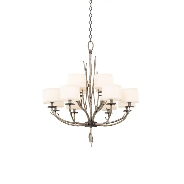 Organic Shapes in Hand Forged Wrought Iron construction. Bronze Jewel Tone with Fabric Shades and Diffuser included. Collection: Denali Rooms: Dining Room, Bedroom, Kitchen, Foyer Finish: Bronze Jewel Tone Width: 34.00" Height: 36.00" Weight: 37.00 lb Chain: 96" Wire: 72" Number of Bulbs: 12 Maximum Wattage: 40.00 W Bulb Type: Candelabra Bulb Base: E12 Candelabra Dimmable Voltage: 120.00 V Material: Hand Forged Wrought Iron , Glass , Fabric Country of Origin: Phillipines Safety Listing: cETL Safety Rating: Dry