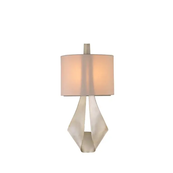 Hand Forged Wrought Iron in a Pearl Silver finish with a Silk Shade. Collection: Barrymore Rooms: Living Room, Bedroom, Family Room, Dining Room Finish: Pearl Silver Width: 9.00" Height: 18.00" Weight: 4.00 lb Extension from Wall: 4.00" Wire: 6" Mounting Height: 5.50" Canopy: 6"x4"x0.75" Number of Bulbs: 2 Maximum Wattage: 60.00 W Bulb Type: E12 Bulb Base: E12 Candelabra Dimmable Voltage: 120.00 V Material: Hand Forged Wrought Iron , Metal , Silk Country of Origin: Phillipines Safety Listing: cETL Safety Rating: Dry ADA