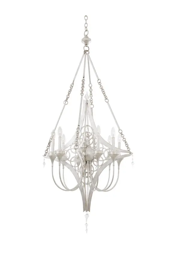Loveland Collection features a Gold Silver Leaf finish with Optic Crystal Accents. Constructed in Hand Forged Wrought Iron. Collection: Loveland Rooms: Living Room, Bedroom, Family Room, Dining Room Finish: Gold Silver Leaf Width: 28.00" Height: 58.50" Weight: 38.00 lb Wire: 72`` Number of Bulbs: 8 Maximum Wattage: 60.00 W Bulb Base: E12 Candelabra Dimmable Voltage: 120.00 V Material: Hand Forged Iron , Optic Crystal Country of Origin: Phillipines Safety Listing: cETL Safety Rating: Dry