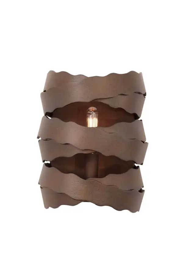 The Fulton Collection features Hand Forged Wrought Iron construction, Scalloped Edges and an Open Air Design. Offered in a Brownstone finish. Collection: Fulton Rooms: Closet, Kitchen, Bathroom, Office Finish: Brownstone Width: 7.00" Height: 9.00" Weight: 4.00 lb Extension from Wall: 5.00" Wire: 6`` Mounting Height: 4.50" Canopy: 5.5``x8`` Number of Bulbs: 1 Maximum Wattage: 60.00 W Bulb Type: Candelabra Bulb Base: E12 Candelabra Dimmable Voltage: 120.00 V Material: Hand Forged Wrought Iron Country of Origin: Phillipines Safety Listing: cETL Safety Rating: Dry