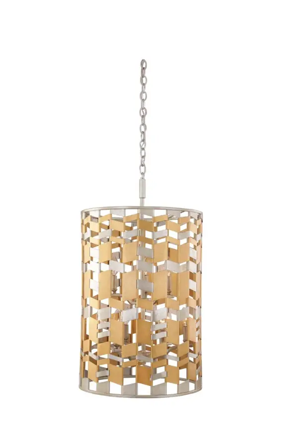 The Broadway Collection features Silver Leaf and Gold Leaf Accents in interlocking pieces with a Jeweled Metallic Finish. Collection: Broadway Rooms: Dining Room, Bedroom, Kitchen, Foyer Finish: Jewel Metallic Width: 19.00" Height: 27.00" Weight: 30.00 lb Chain: 48`` Wire: 96`` Canopy: 5.5``x0.75`` Number of Bulbs: 9 Maximum Wattage: 60.00 W Bulb Type: Candelabra Bulb Base: E12 Candelabra Dimmable Voltage: 120.00 V Material: Hand Forged Iron , Steel Country of Origin: Phillipines Safety Listing: cETL Safety Rating: Dry