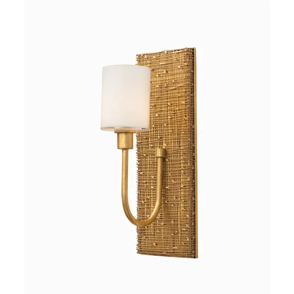 The Cestino Wall Sconce is Hand Crafted with a Metal Basket Accent. Offered in a Gold Leaf finish with a Matte Opal White Glass Shade. Collection: Cestino Rooms: Living Room, Bedroom, Family Room, Dining Room Finish: Gold Leaf Width: 5.00" Height: 14.00" Weight: 4.00 lb Extension from Wall: 6.00" Wire: 6" Mounting Height: 7.00" Canopy: 5"x14"x1" Bulbs Included Number of Bulbs: 1 Maximum Wattage: 3.00 W Bulb Type: G9 Bulb Base: G9 Light Source: LED Light Output: 300.00 lm Color Temperature: 3000 K Dimmable Voltage: 120.00 V Material: Hand Crafted Steel , Linen , Opal Glass Country of Origin: Phillipines Safety Listing: cETL Safety Rating: Dry LED