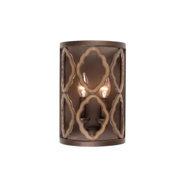 Whittaker is constructed of Hand Forged Wrought Iron with a Brownstone Finish and Painted Weathered Wood Accents. Featuring an Open Cage Design with Scalloped Edge Framing. Collection: Whittaker Rooms: Living Room, Bedroom, Family Room, Dining Room Finish: Brownstone Width: 8.00" Height: 12.00" Weight: 6.00 lb Extension from Wall: 5.00" Wire: 6" Mounting Height: 6.00" Canopy: 6.375"x12"x0.75" Number of Bulbs: 2 Maximum Wattage: 60.00 W Bulb Type: Candelabra Bulb Base: E12 Candelabra Dimmable Voltage: 120.00 V Material: Hand Forged Wrought Iron Country of Origin: Phillipines Safety Listing: cETL Safety Rating: Dry