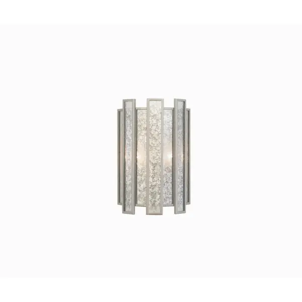 The Palisade Collection features hand painted Silver Mercury Glass and a Tarnished Silver finish. Collection: Palisade Rooms: Living Room, Bedroom, Family Room, Dining Room Finish: Tarnished Silver Width: 10.00" Height: 14.00" Weight: 7.00 lb Extension from Wall: 4.00" Wire: 6" Mounting Height: 5.50" Canopy: 6"x11.75"x1" Number of Bulbs: 2 Maximum Wattage: 60.00 W Bulb Base: E12 Candelabra Dimmable Voltage: 120.00 V Material: Hand Forged Iron Country of Origin: Phillipines Safety Listing: cETL Safety Rating: Dry ADA