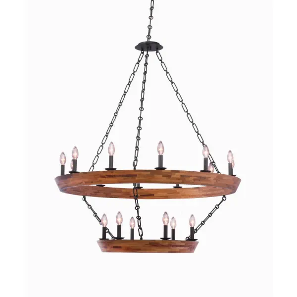 This urban farmhouse inspired design features natural wood inlay and hand painted wrought iron accents. Available in multi-tier hanging, flush and wall pieces. Collection: Lansdale Rooms: Dining Room, Bedroom, Kitchen, Foyer Finish: Black Iron Width: 42.00" Height: 48.50" Weight: 58.00 lb Chain: 96" Wire: 144" Canopy: 6.5"x0.75" Number of Bulbs: 18 Maximum Wattage: 60.00 W Bulb Base: E12 Candelabra Dimmable Voltage: 120.00 V Material: Wrought Iron , Wood Country of Origin: Phillipines Safety Listing: cETL Safety Rating: Dry