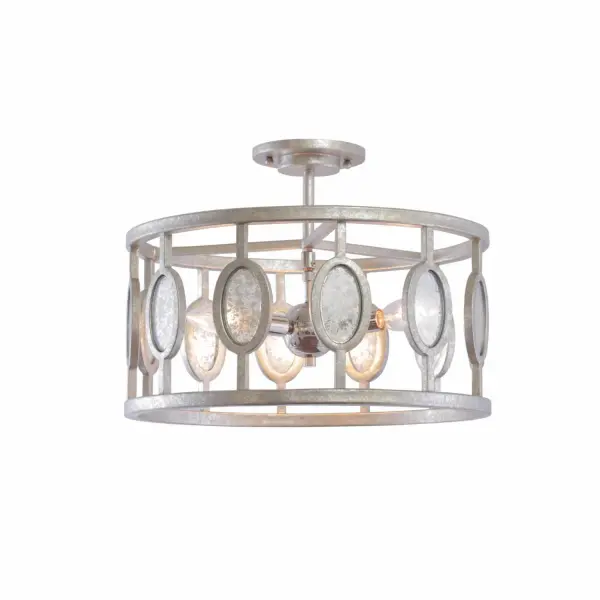 Hand Forged Wrought Iron construction with Silver Mercury Glass Oval Accents, the Palomar Collection is finished in a Vintage Silver Leaf frame and Polished Chrome interior light cluster. Collection: Palomar Rooms: Hallway, Closet, Kitchen, Entryway Finish: Vintage Silver Leaf Width: 16.00" Height: 12.00" Weight: 8.00 lb Wire: 6" Canopy: 5.5"x1" Number of Bulbs: 3 Maximum Wattage: 60.00 W Bulb Base: E12 Candelabra Dimmable Voltage: 120.00 V Material: Hand Forged Iron Country of Origin: Phillipines Safety Listing: cETL Safety Rating: Dry