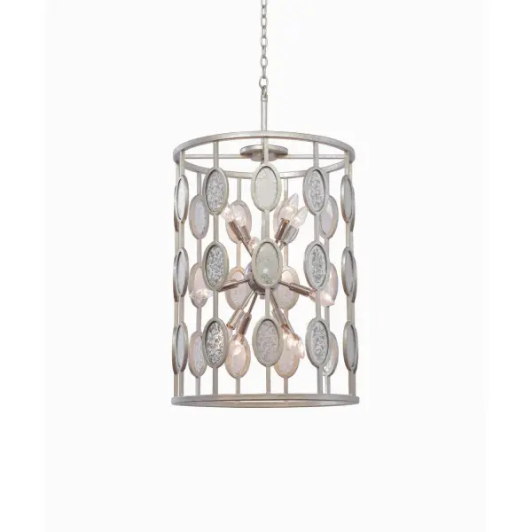 Hand Forged Wrought Iron construction with Silver Mercury Glass Oval Accents, the Palomar Collection is finished in a Vintage Silver Leaf frame and Polished Chrome interior light cluster. Collection: Palomar Rooms: Foyer, Great Room, Living Room, Bedroom Finish: Vintage Silver Leaf Notes: 6`` Starter Stem Width: 19.00" Height: 34.00" Weight: 21.00 lb Chain: 48" Wire: 96" Rod: 6" Canopy: 5.5"x1" Number of Bulbs: 12 Maximum Wattage: 60.00 W Bulb Base: E12 Candelabra Dimmable Voltage: 120.00 V Material: Hand Forged Iron Country of Origin: Phillipines Safety Listing: cETL Safety Rating: Dry