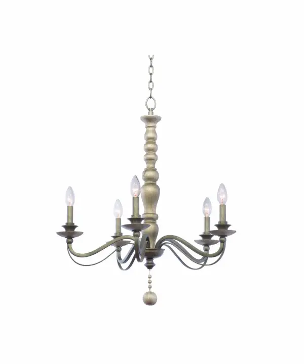 The Colony Collection features hand painted wood columns and drops with hand forged wrought iron arms finished in Dune Silver. Collection: Colony Rooms: Dining Room, Bedroom, Kitchen, Foyer Finish: Dune Silver Width: 27.00" Height: 29.00" Weight: 10.00 lb Chain: 48`` Wire: 96`` Canopy: 5.5``x0.75`` Number of Bulbs: 5 Maximum Wattage: 60.00 W Bulb Base: E12 Candelabra Dimmable Voltage: 120.00 V Material: Hand Forged Wrought Iron , Wood Country of Origin: Phillipines Safety Listing: cETL Safety Rating: Dry