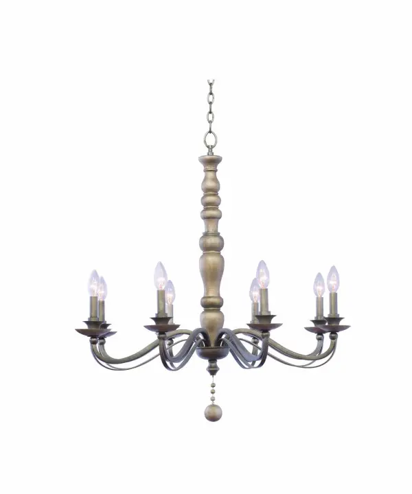 The Colony Collection features hand painted wood columns and drops with hand forged wrought iron arms finished in Dune Silver. Collection: Colony Rooms: Dining Room, Bedroom, Kitchen, Foyer Finish: Dune Silver Width: 32.00" Height: 32.00" Weight: 17.00 lb Chain: 96`` Wire: 144`` Canopy: 5.5``x0.75`` Number of Bulbs: 8 Maximum Wattage: 60.00 W Bulb Base: E12 Candelabra Dimmable Voltage: 120.00 V Material: Hand Forged Wrought Iron , Wood Country of Origin: Phillipines Safety Listing: cETL Safety Rating: Dry