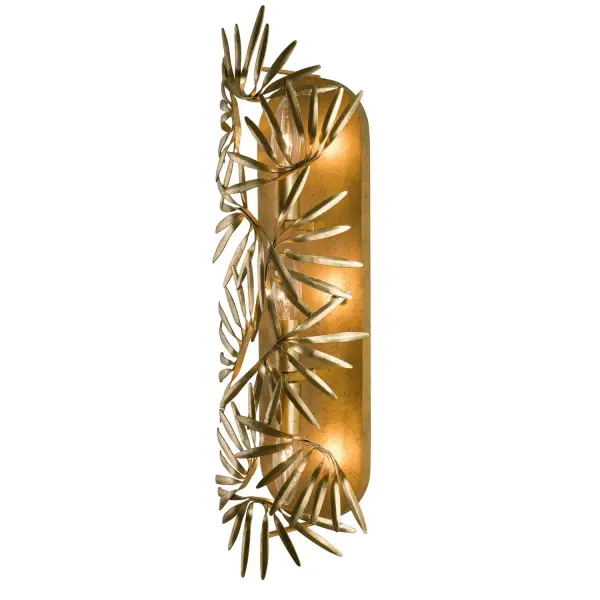 Organically inspired Spherical Leaf patterns in an Oxidized Gold Leaf finish. Collection: Jardin Rooms: Hallway, Bedroom, Living Room, Dining Room Finish: Oxidized Gold Leaf Width: 6.00" Height: 22.00" Weight: 4.00 lb Extension from Wall: 4.00" Mounting Height: 9.00" Canopy: 18"x1"x5" Number of Bulbs: 3 Maximum Wattage: 60.00 W Bulb Type: Candelabra Bulb Base: E12 Candelabra Dimmable Voltage: 120.00 V Material: Steel Country of Origin: Phillipines Safety Listing: cETL Safety Rating: Dry ADA
