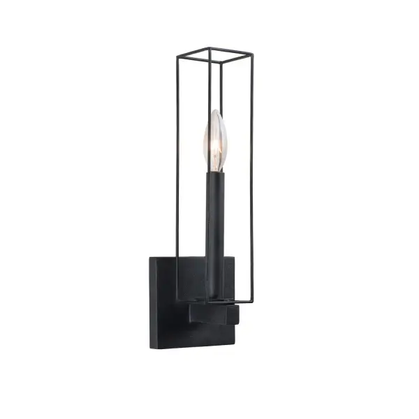Clean geometric forms frame warm candlelight creating a landscape fit for any living space. Featuring a Black Iron finish and simple steel construction. Collection: Allston Rooms: Hallway, Bedroom, Living Room, Dining Room Finish: Black Iron Width: 5.00" Height: 14.00" Weight: 2.00 lb Extension from Wall: 4.00" Mounting Height: 12.00" Canopy: 5"x1"x4.5" Number of Bulbs: 1 Maximum Wattage: 60.00 W Bulb Type: Candelabra Bulb Base: E12 Candelabra Dimmable Voltage: 120.00 V Material: Steel Country of Origin: Phillipines Safety Listing: cETL Safety Rating: Dry ADA