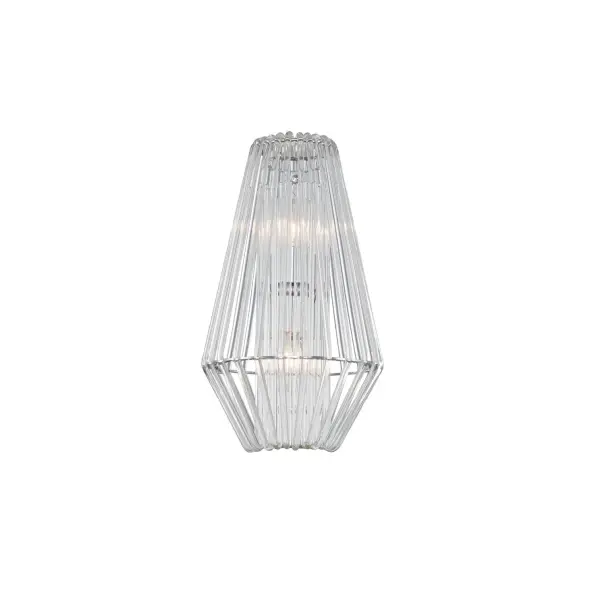 Carefully crafted solid glass rods create a masterful array of light and movement with a Polished Chrome frame. Collection: Taza Rooms: Bedroom, Bathroom, Hallway, Theater Finish: Chrome Glass: Wave Water Glass Width: 6.00" Height: 16.00" Weight: 5.00 lb Extension from Wall: 9.00" Wire: 7`` Mounting Height: 8.00" Canopy: 9"x16"x1" Number of Bulbs: 2 Maximum Wattage: 40.00 W Bulb Type: E12 Bulb Base: E12 Candelabra CRI: 100 Dimmable Voltage: 120.00 V Material: Glass , Steel Country of Origin: China Safety Listing: cETL Safety Rating: Dry