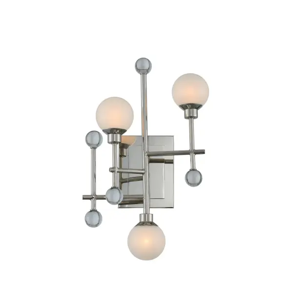 Mid-Century Modern inspired design featuring crystal accents and polished nickel finish. G9 LED lamps included. Collection: Mercer Rooms: Entry, Bath, Vanity, Hall Finish: Polished Nickel Glass: White Frosted Interior Globe Width: 10.00" Height: 16.00" Length: 5.00" Weight: 3.00 lb Extension from Wall: 5.00" Wire: 7" Mounting Height: 7.00" Canopy: 5"x6"x1" Bulbs Included Number of Bulbs: 3 Maximum Wattage: 3.00 W Bulb Type: G9 Bulb Base: G9 Light Source: LED Light Output: 300.00 lm Color Temperature: 3000 K CRI: 80 Dimmable Voltage: 120.00 V Material: Steel , Glass Country of Origin: China Safety Listing: cETL Safety Rating: Damp LED
